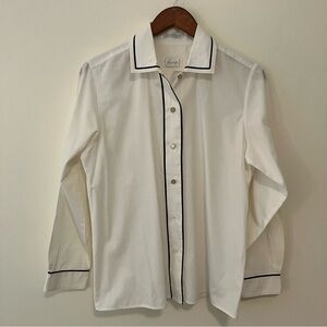 VTG Women’s Foxcroft White Buttondown Sz. 8 Pearl Buttons Black Ribbon Preppy